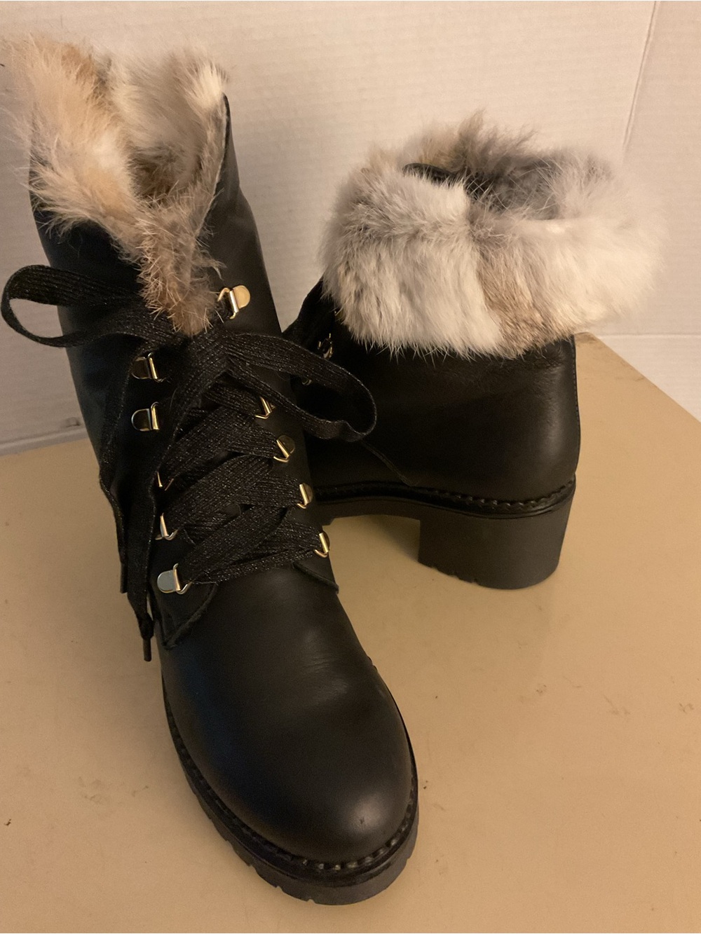 275 Central women black leather fur platform combat waterproof boots US 8